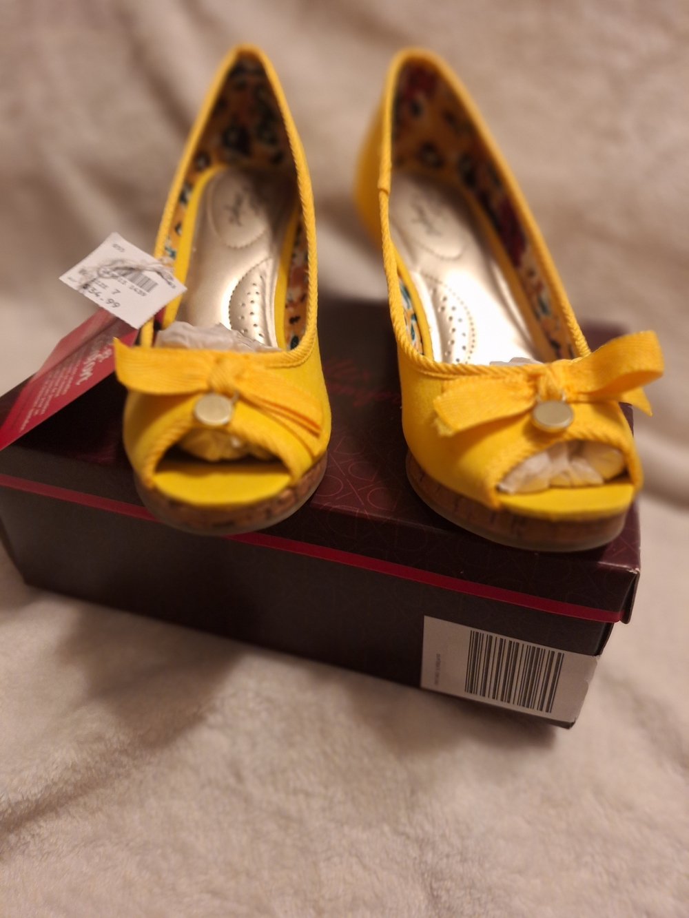 Dexflex Confort Yellow Peep-Toe Bow Cork Wedge Heels NWT